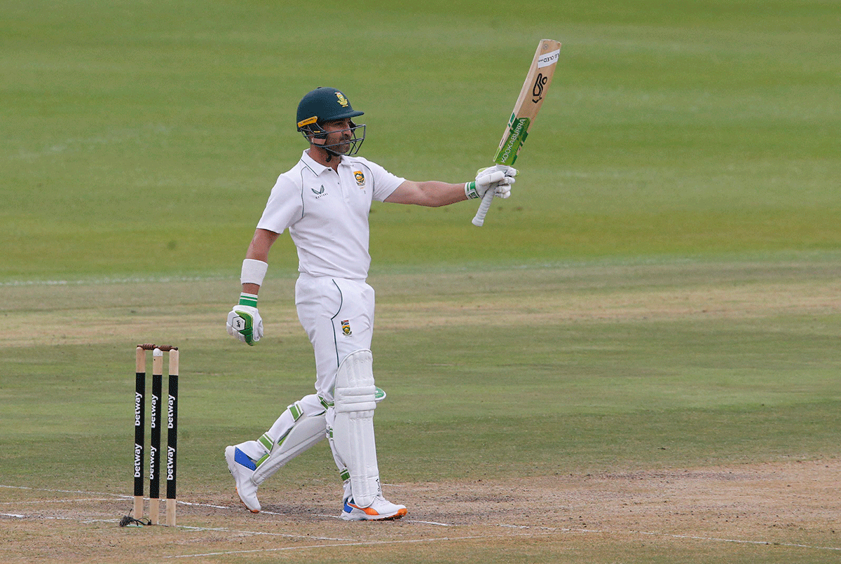 South Africa's Dean Elgar celebrates reaching his 19th Test half century