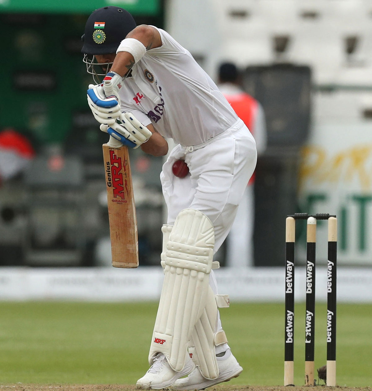 India captain Virat Kohli is hit in the groin region during the post-lunch session. 