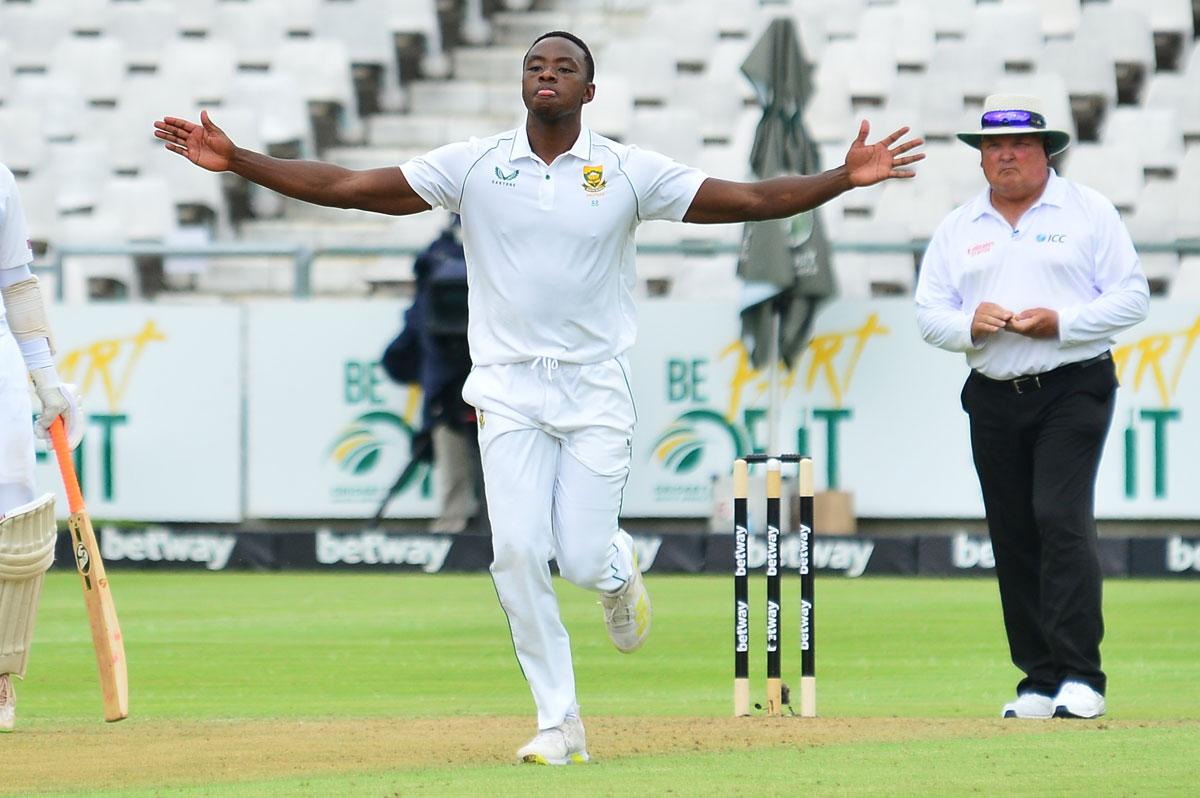 South Africa pacer Kagiso Rabada reacts after dismissing India opener Mayank Agarwal.