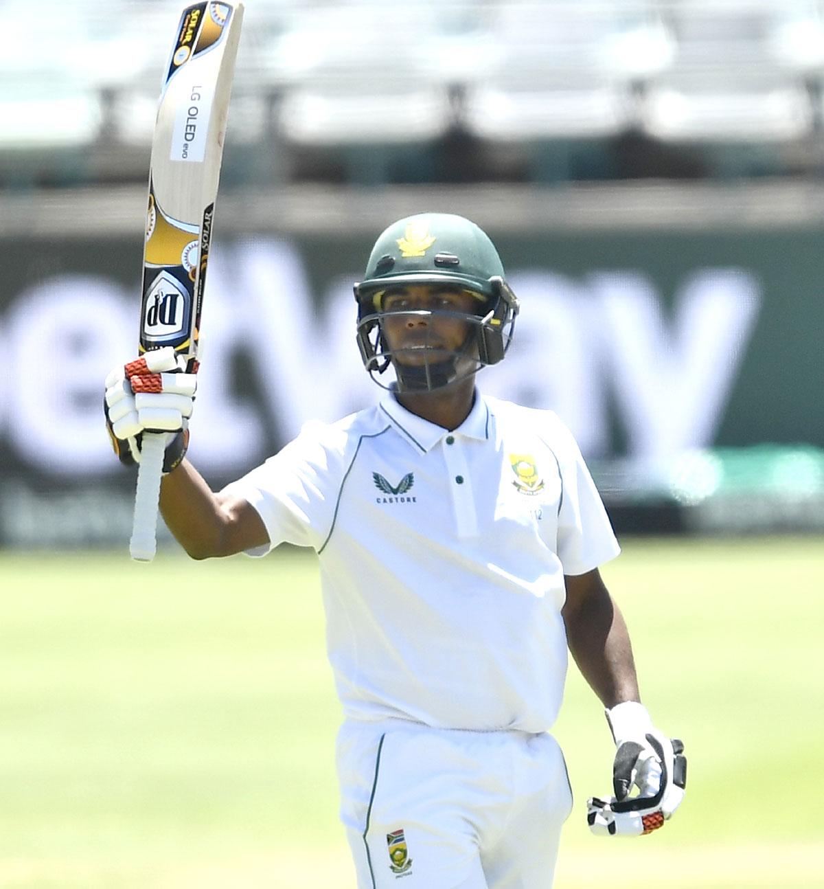 South Africa's Keegan Peterson celebrates scoring a half century during Day 2.