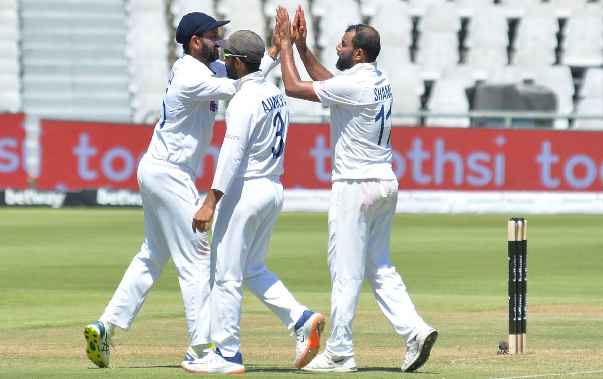 Mohammed Shami celebrates the wicket of Temba Bavuma.