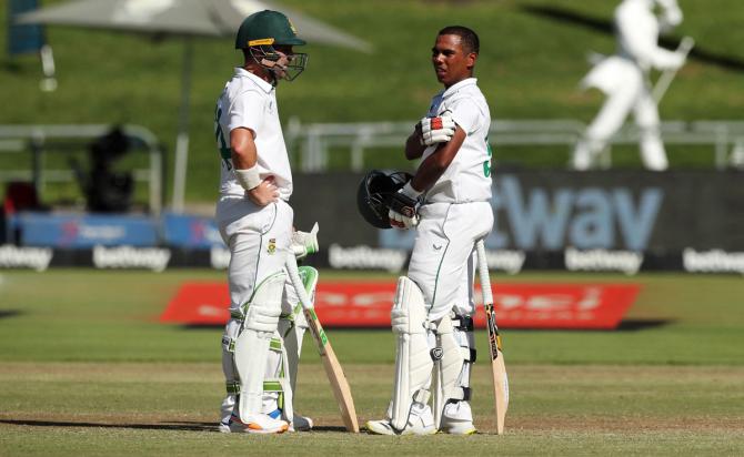 South Africa's Dean Elgar and Keegan Petersen during their 78-run partnership in the second innings.