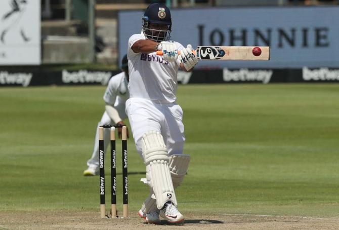 India's Rishabh Pant pulls one to the boundary during the morning session on Day 3.