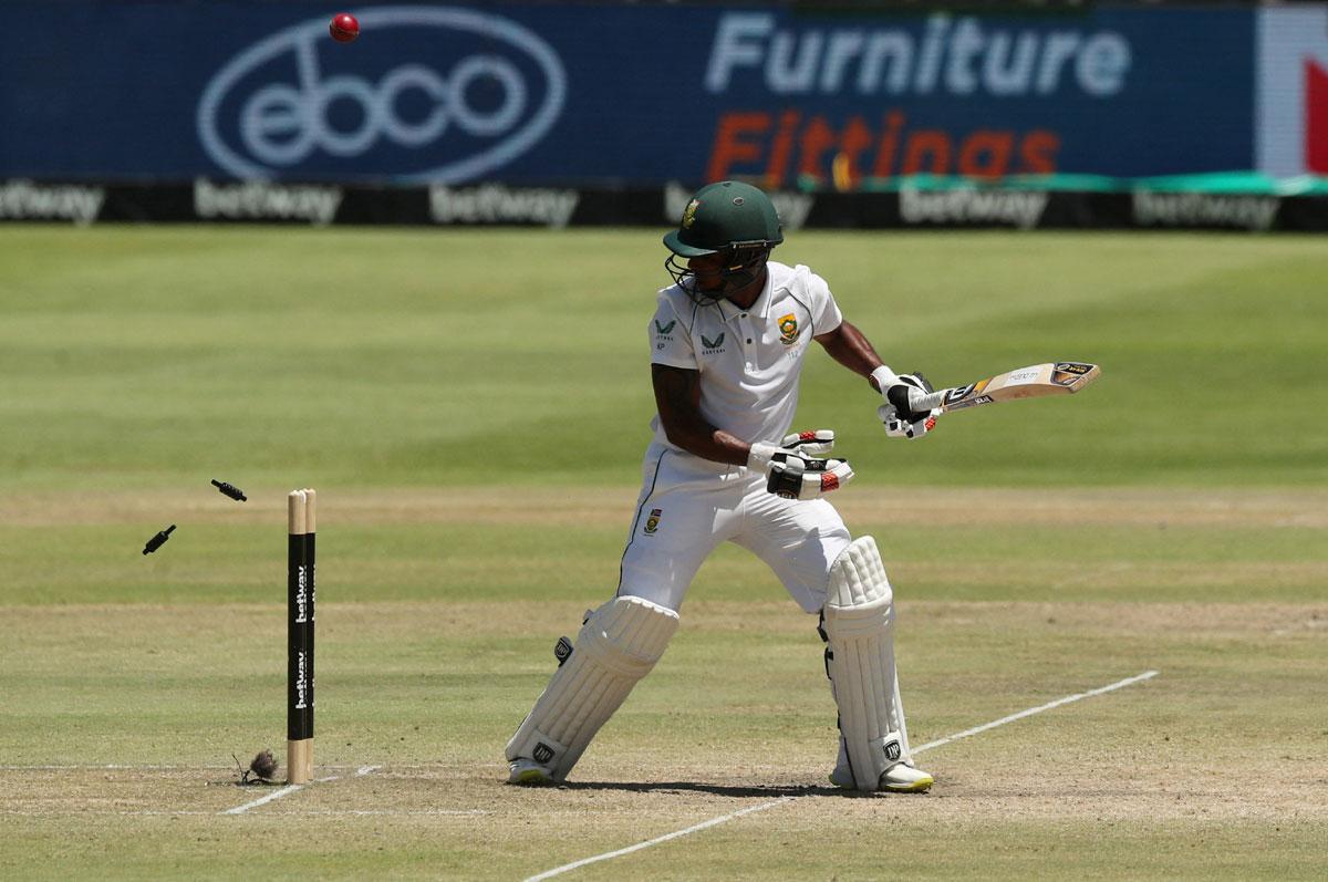 South Africa's Keegan Petersen is bowled by India pacer Shardul Thakur during Day 4 of the third Test, in Cape Town, on Friday.