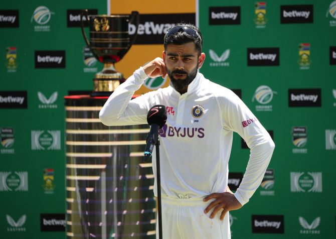 India's skipper Virat Kohli speaks during the trophy presentation after South Africa won the third and final Test, in Cape Town, on Friday.