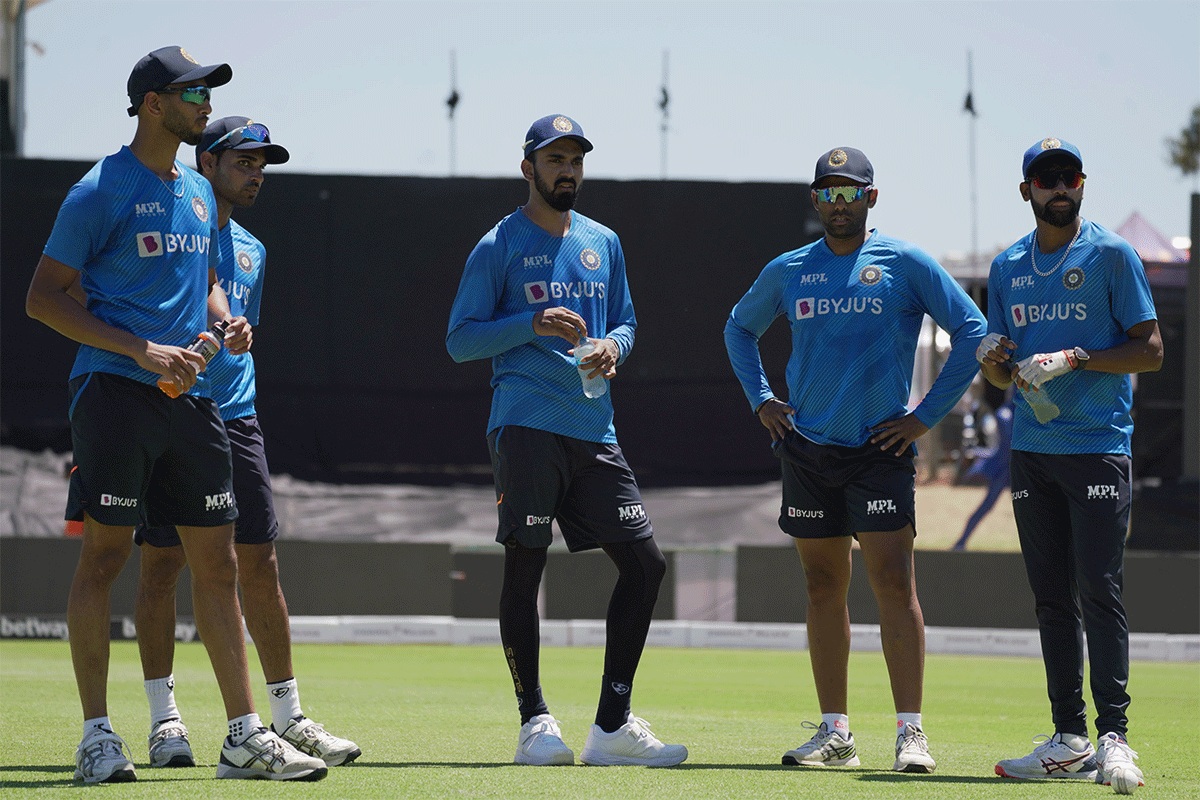 KL Rahul with teammates at a training session in Paarl on Tuesday