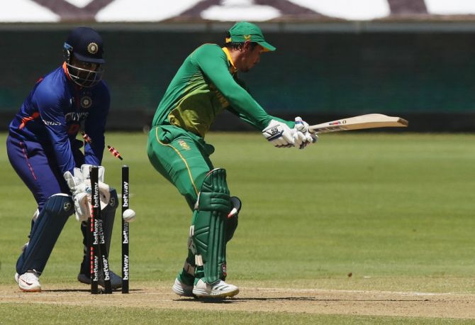 South Africa opener Quinton de Kock is bowled by India spinner Ravichandran Ashwin.