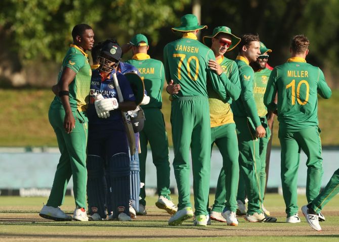 South Africa's players celebrate victory over India in the first One-Day International, at Boland Park, Paarl, South Africa, on Wednesday.