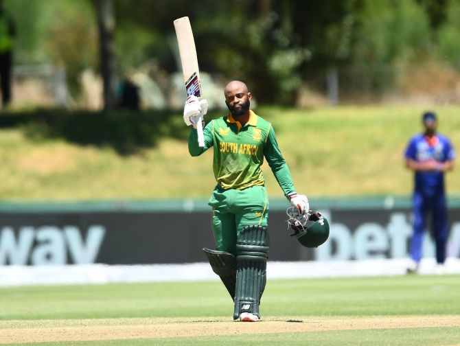 South Africa captain Temba Bavuma celebrates scoring a hundred against India in the first ODI in Paarl on Wednesday