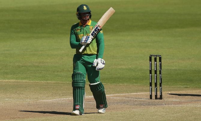 South Africa opener Quinton de Kock celebrates scoring a half century in the second ODI against India, in Paarl, on Friday.