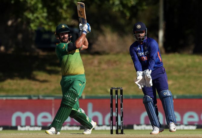 South Africa opener Janneman Malan hits a four during his 91 off 108 balls.