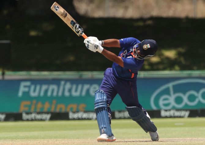 India's Rishabh Pant hits a six during his career-best 85 off 71 balls in the second ODI against South Africa.