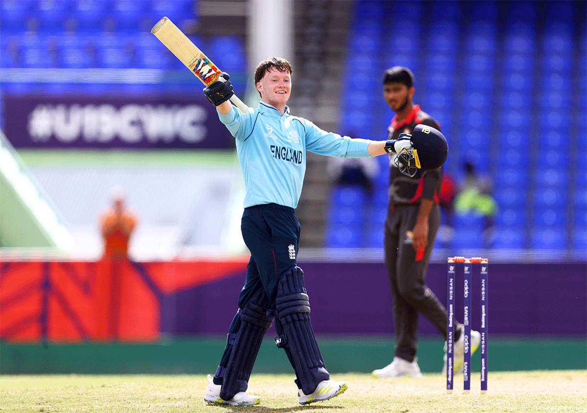 England skipper Tom Prest celebrates his century against UAE in their win against the UAE at the Under-19 Cricket World Cup in Basseterre, St Kitts, on Thursday 