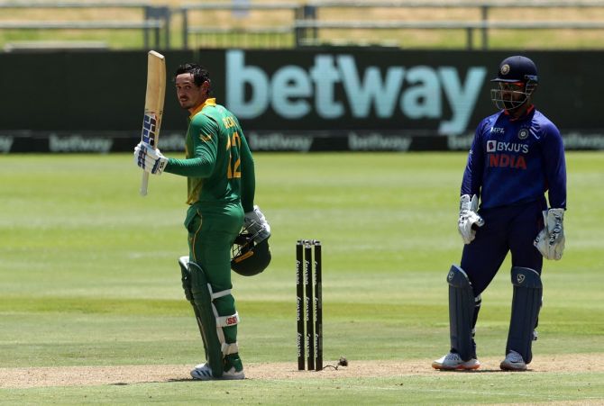 South Africa opener Quinton de Kock celebrates scoring a hundred during the fourth ODI against India, at Newlands Cricket Ground, Cape Town, on Sunday.