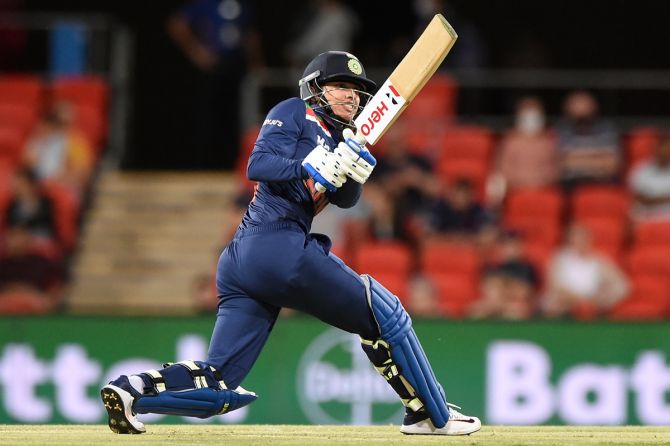 India's Shafali Verma bats during Game 1 of the women's T20 series against Australia, at Metricon Stadium in Gold Coast, Australia, on October 7, 2021.