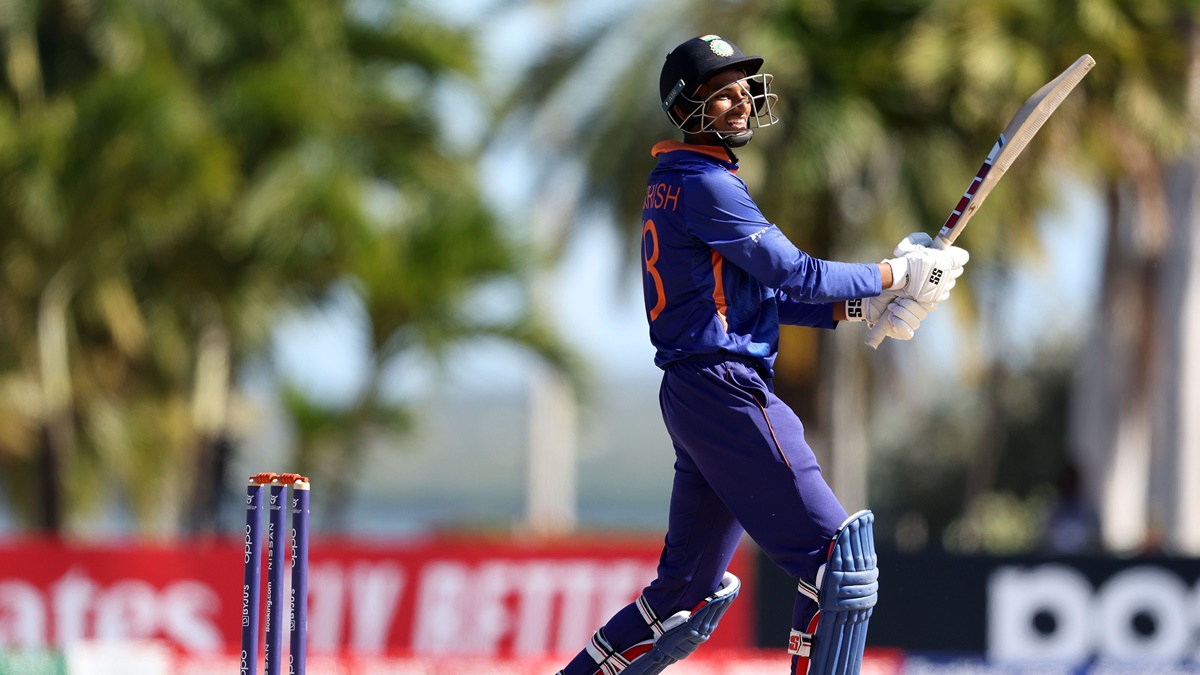 India opener Angkrish Raghuvanshi hits a four during the ICC Under-19 World Cup Super League quarter-final against Bangladesh, at Coolidge Cricket Ground in Antigua, on Saturday.