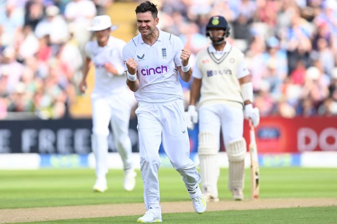 England's James Anderson celebrates dismissing India's Shubman Gill