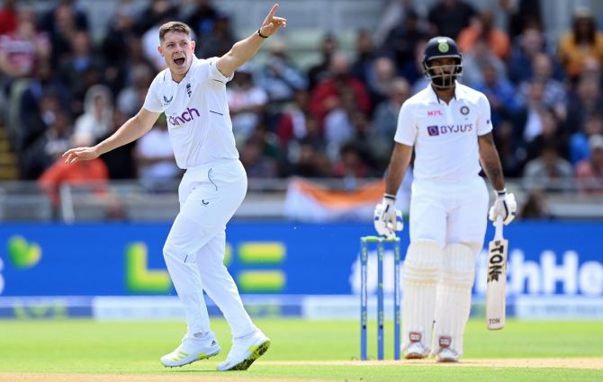 England bowler Matthew Potts appeals successfully for the wicket of India batsman Hanuma Vihari