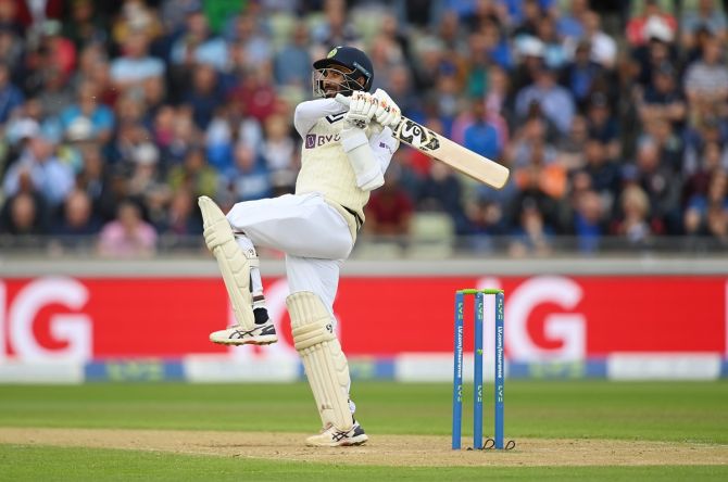 India's Jasprit Bumrah hits a six off England pacer Stuart Broad while scoring 35 in the over on Day 2 of the fifthTest at Edgbaston, in Birmingham, on Saturday.