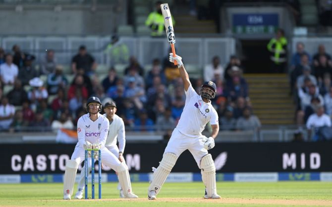 Rishabh Pant hits a one-handed six off spinner Jack Leach on Day 1 of the fifth Test against England at Edgbaston, in Birmingham, on Friday