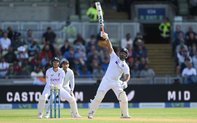 Rishabh Pant hits a one-handed six off spinner Jack Leach on Day 1 of the fifth Test against England at Edgbaston, in Birmingham, on Friday