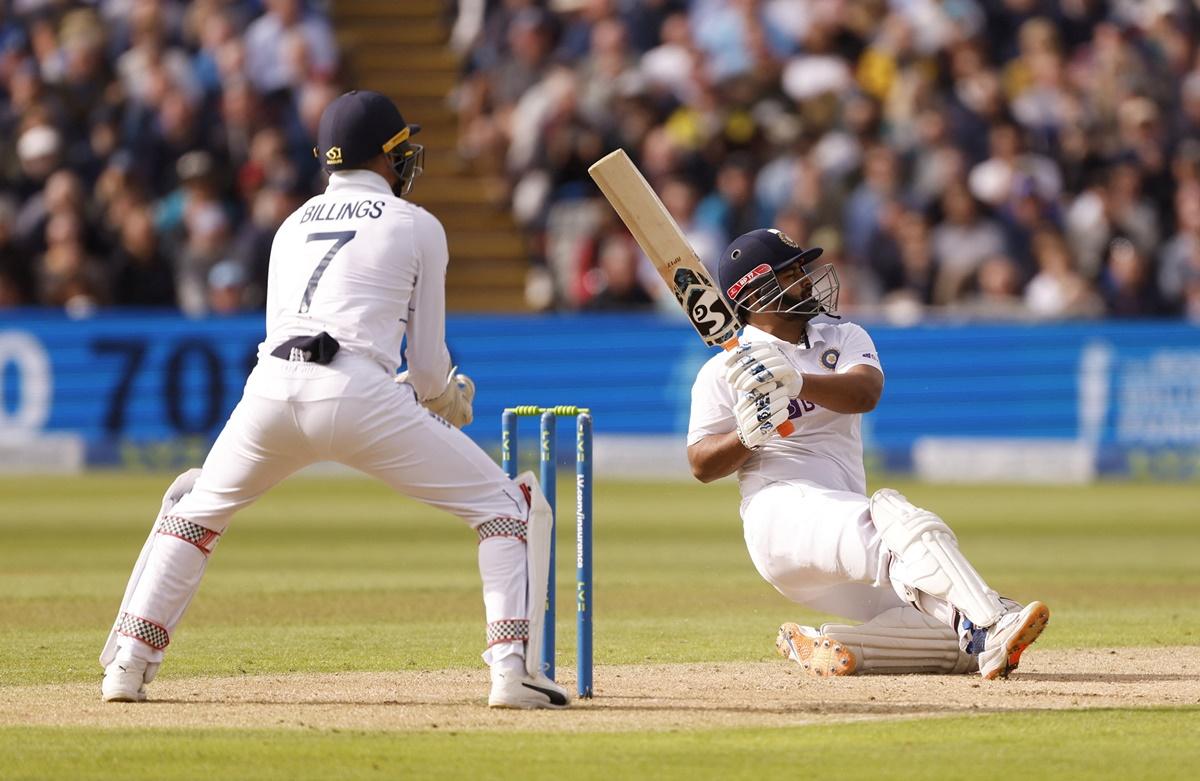 Rishabh Pant loses his balance but does well to connect and send the ball to the boundary.