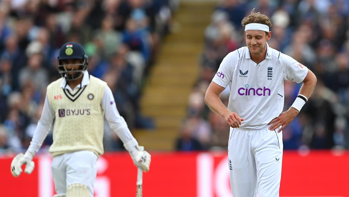 India's Jasprit Bumrah is all smiles as England pacer Stuart Broad reacts after going for 35 runs in the over during Day 2 of the fifth Test at Edgbaston in Birmingham, on Saturday.