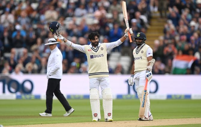 India's Ravindra Jadeja celebrates scoring a hundred during Day 2 of the fifth Test against England at Edgbaston, Birmingham, on Saturday.