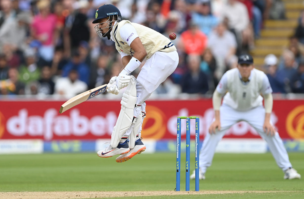 Shreyas Iyer is hit by a short ball from Matthew Potts