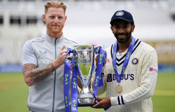 England captain Ben Stokes and India captain Jasprit Bumrah pose with the trophy after the series ends in a 2-2 draw.