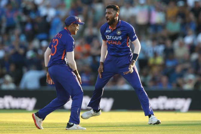 Hardik Pandya finished with figures of 4 for 33 in the opening T20I against England on Thursday