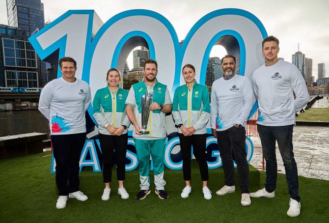 (L-R) Shane Watson, Georgia Wareham, Aaron Finch, Tayla Vlaeminck, Waqar Younis and Morne Morkel at the T20 World Cup Trophy Tour Launch at Crown Riverwalk in Melbourne, on  Friday