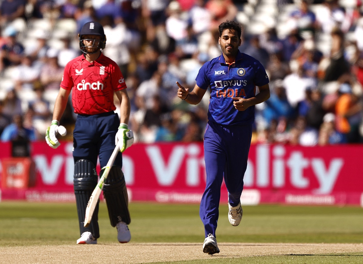 Bhuvneshwar Kumar celebrates taking the wicket of England's Jason Roy during the second T20 at Edgbaston, in Birmingham, on Saturday.