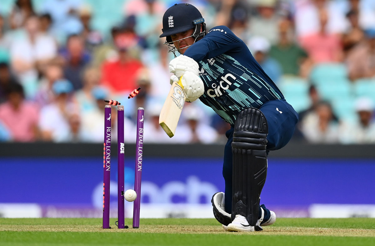 Jason Roy is bowled by Jasprit Bumrah