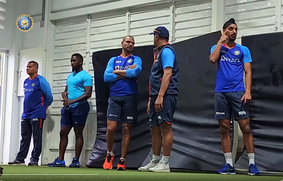 The Indian cricket team at an indoor nets practice 