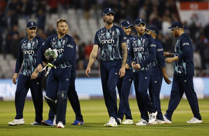 England's captain Jos Buttler celebrates with teammates after easily winning the second ODI against South Africa,  Old Trafford, Manchester, on Friday.
