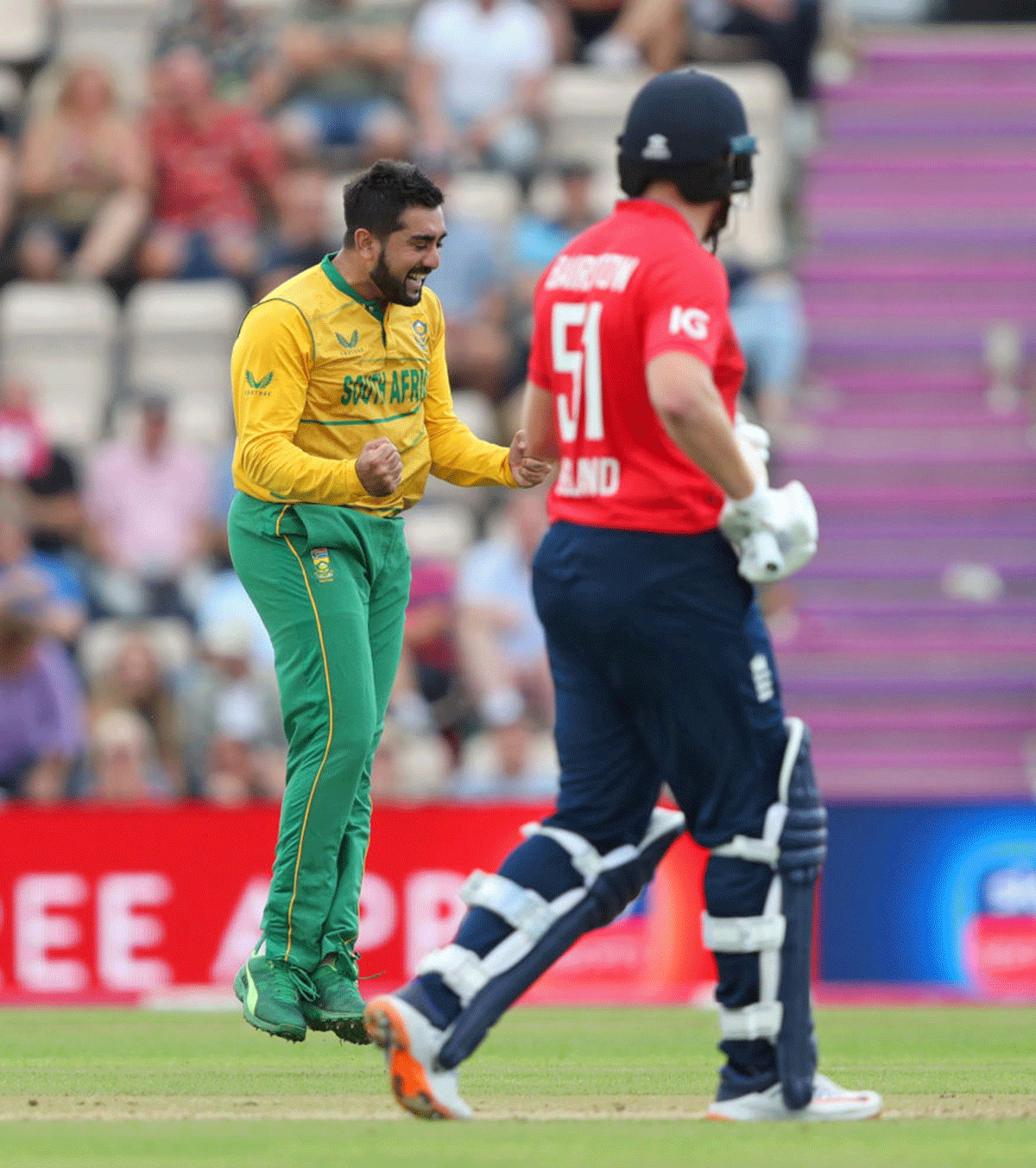 South Africa's Tabraiz Shamsi celebrates on picking a wicket during the 3rd T20I against England at The Ageas Bowl in Southampton on Sunday