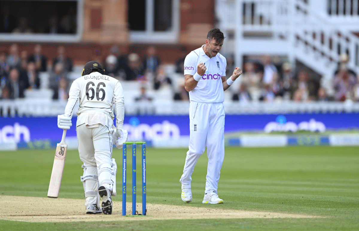 England's James Anderson celebrates after taking the wicket of New Zealand's Tom Blundell