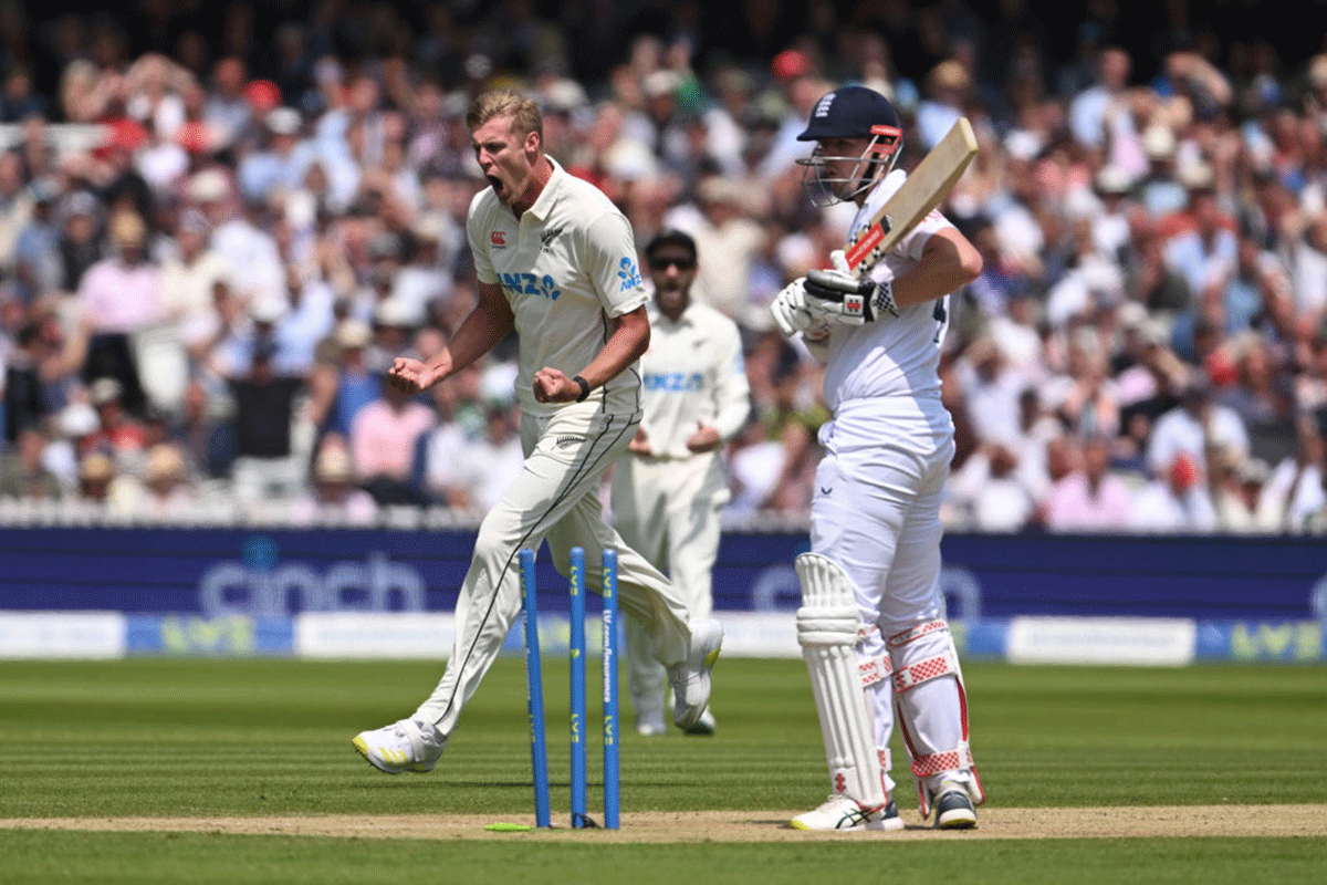 New Zealand's Kyle Jamieson celebrates after bowling England's Alex Lees