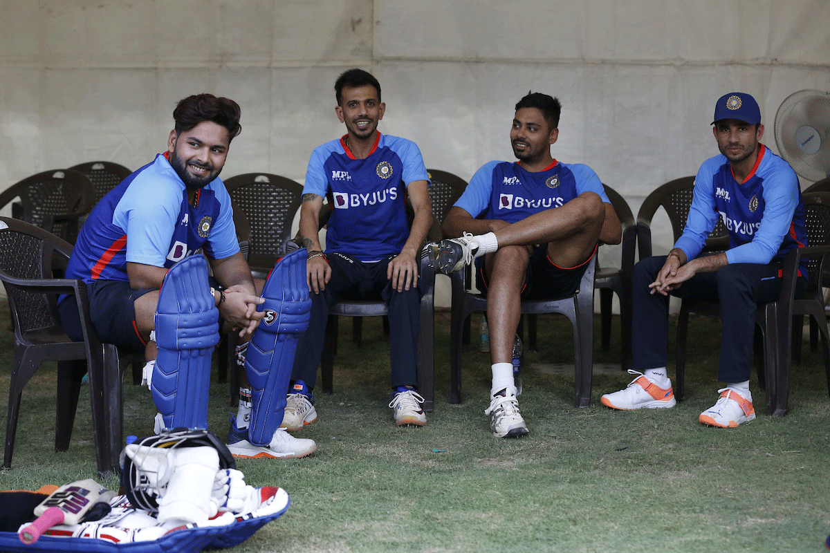 Rishabh Pant, Yuzvendra Chahal, Avesh Khan and Ravi Bishnoi before a nets session on Wednesday