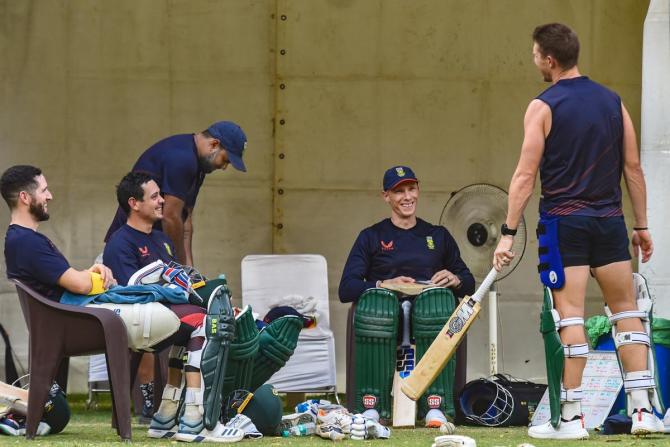 IMAGE: South Africans Quinton de Kock, Rassie van der Dussen, Reeza Hendricks chill after their practice session on Tuesday