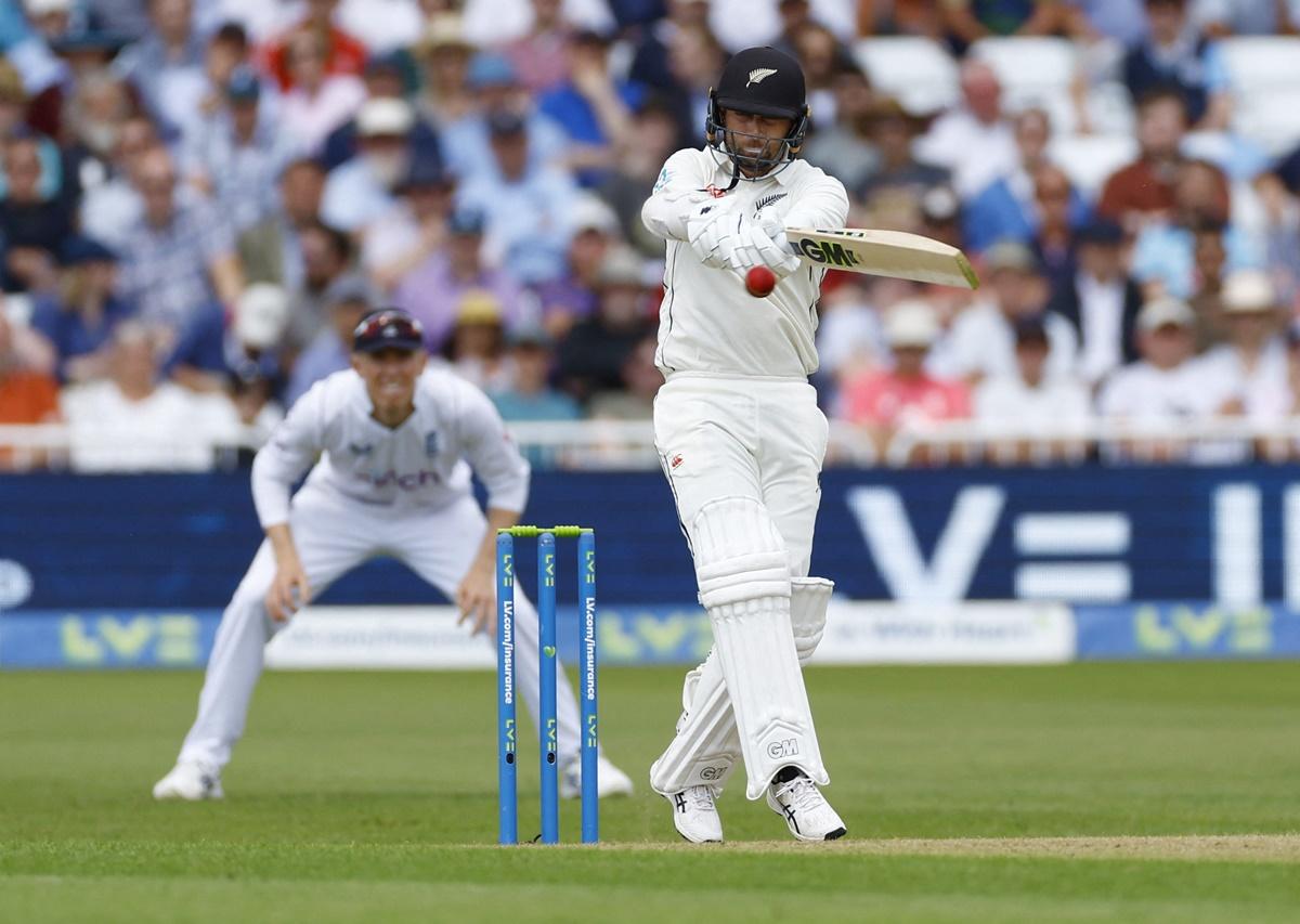 New Zealand's Devon Conway bats during his 62-ball 46 on Day 1 of the second Test against England at Trent Bridge, Nottingham, on Friday.