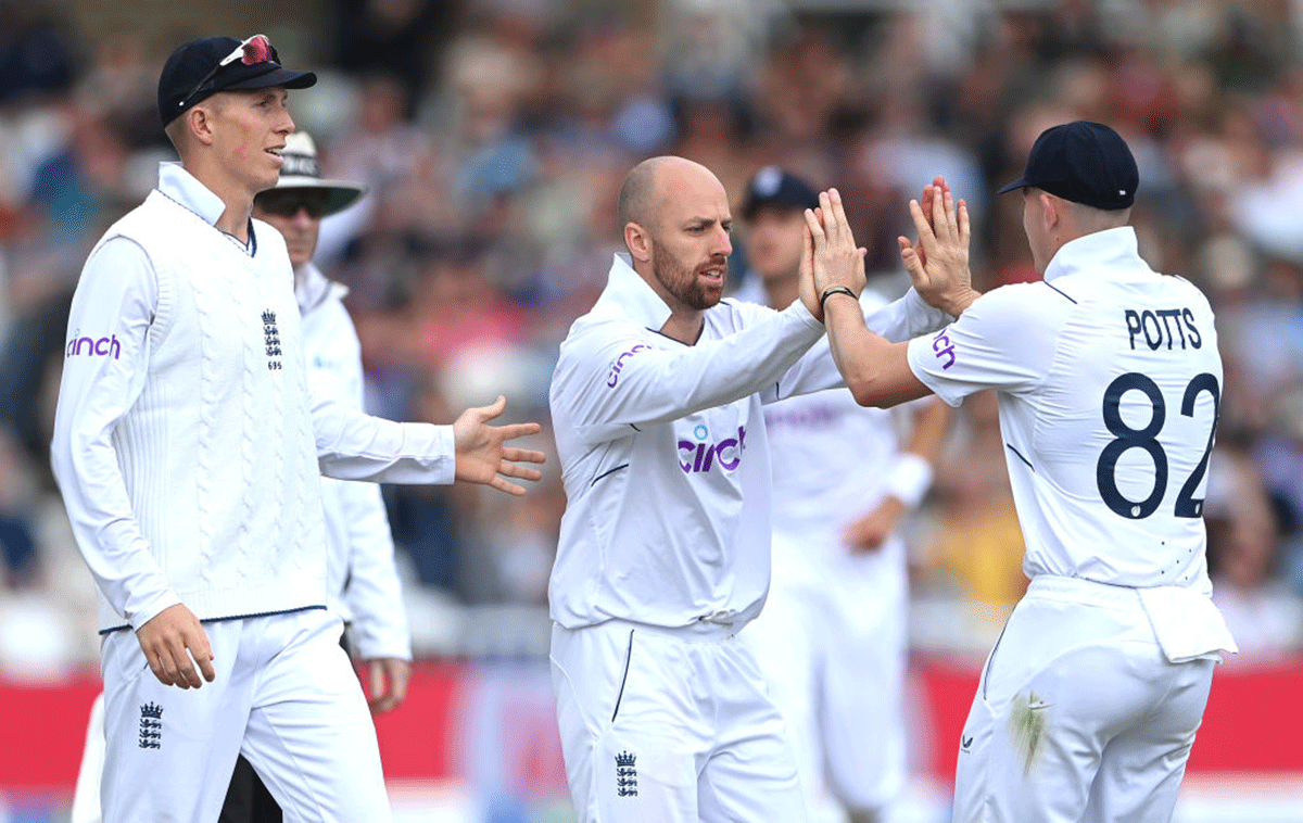 England bowler Jack Leach celebrates with teammates after dismissing Tom Blundell