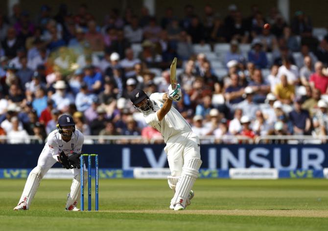 New Zealand's Daryl Mitchell hits a six off the bowling of England's Jack Leach on Day 1 of the second Test at Trent Bridge, Nottingham, on Friday. 