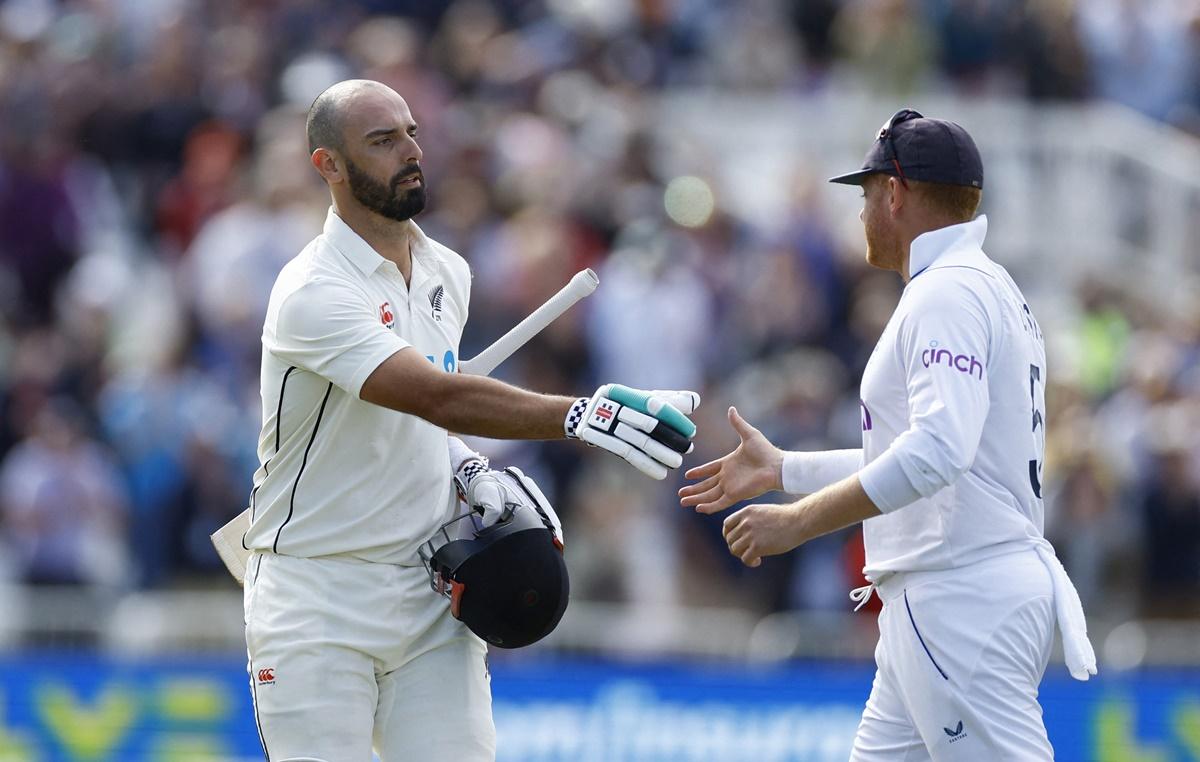 New Zealand's Daryl Mitchel is congratulated by England's Jonny Bairstow on his fine knock after being dismissed for 190 on Day 2 of the second Test at Trent Bridge, Nottingham, on Saturday.