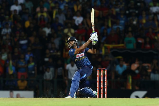 Sri Lanka's Dasun Shanaka hits a six during the third T20 International against Australia, at Pallekele Cricket Stadium in Kandy, on Saturday.