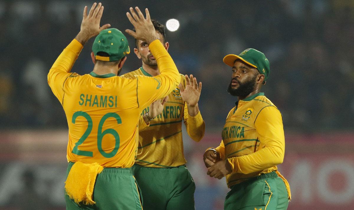 Keshav Maharaj of South Africa celebrates the wicket of Ruturaj Gaikwad