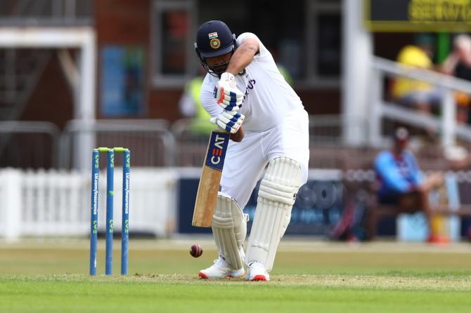 Rohit Sharma bats during India's first innings in the warm-up match against Leicestershire