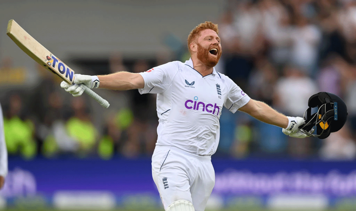 England's Johnny Bairstow celebrates reaching his century