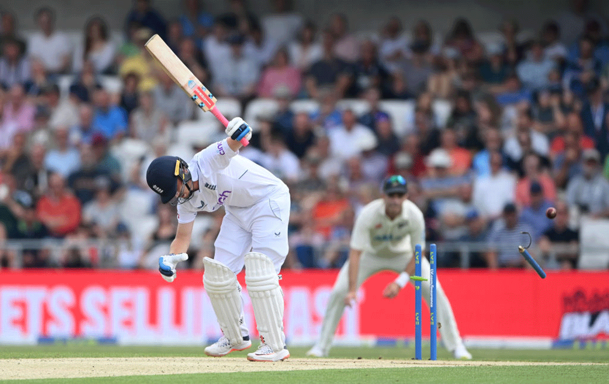 England batsman Ollie Pope is bowled by Trent Boult